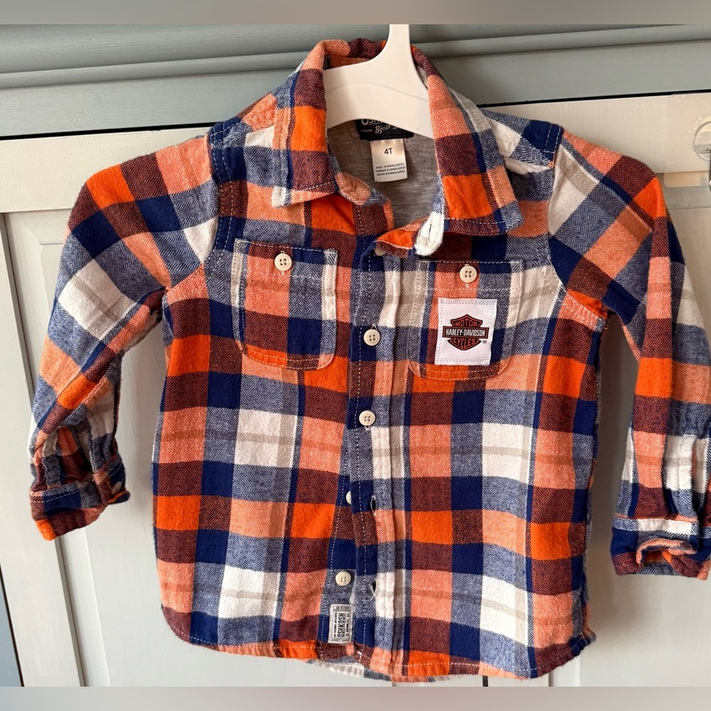 Custom Upcycled Harley Davidson Blue Orange Flannel Graphic Shirt Size 4T OOAK - Picture 3 of 3